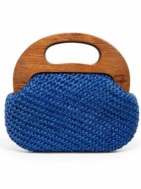 Vintage 60s Handmade Wooden Handle Blue Raffia Straw Handbag Purse